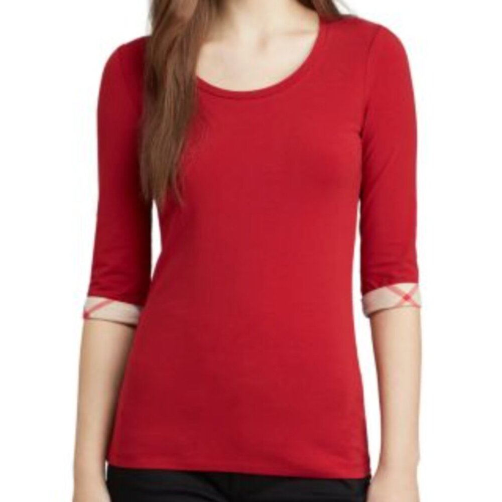 Burberry London Red Top XS Nova Check Trim 3/4 Sleeve Designer Shirt Classic - Picture 1 of 4